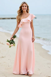 Chiffon Ein Schulter A Linie Bonbonrosa Brautjungfernkleid mit Rüschen